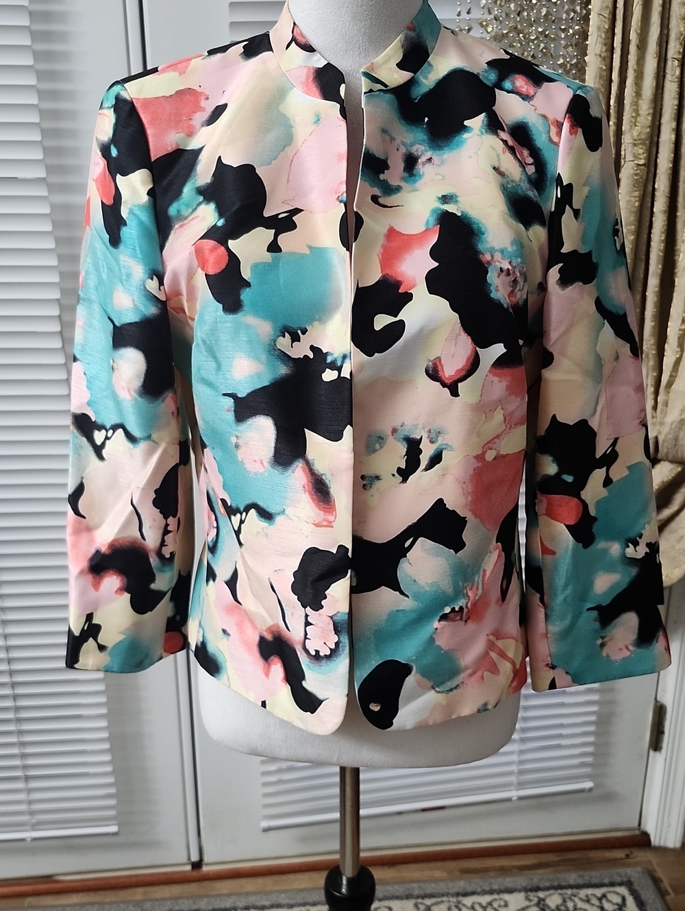 Kasper Abstract Print Open-Front Blazer in Pink, Teal & Black
